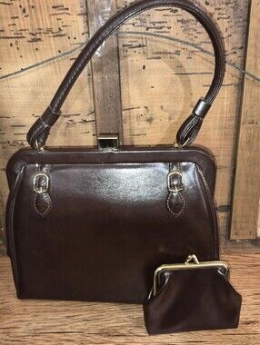 Vintage Dark Brown Handbag with Gold Tone Hardware & Coin Purse